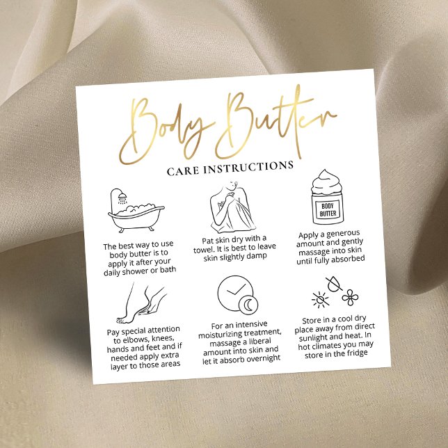 Guide för tillämpning av Body Butter Application G Fyrkantigt Visitkort (Whipped body butter application guide cards with icons and faux gold foil effects)