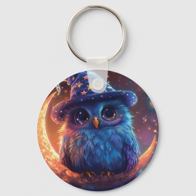 Guiden Cute Uggla på Måne: Magic Fantasy Art Nyckelring (Framsida)