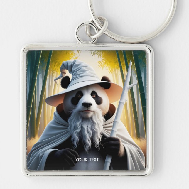 Guiden Fantasy Cute Old Panda Fyrkantig Silverfärgad Nyckelring (Framsidan)