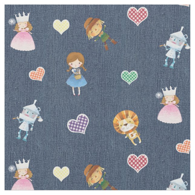 Guiden Oz och Gingham Hearts på Blue Denim Tyg (Närbild)