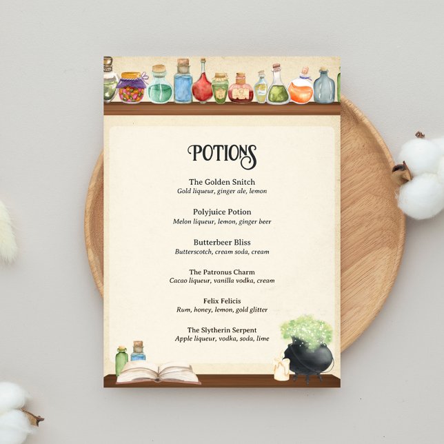 Guiden Party Drinks Meny Potions Pub Menu Poster (Wizard Party Bar Menu for Wizard School Party)