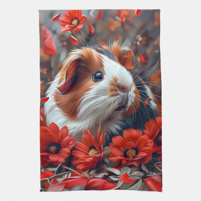 Guinea Gris bland Röda blommor Kökshandduk (Vertikal)