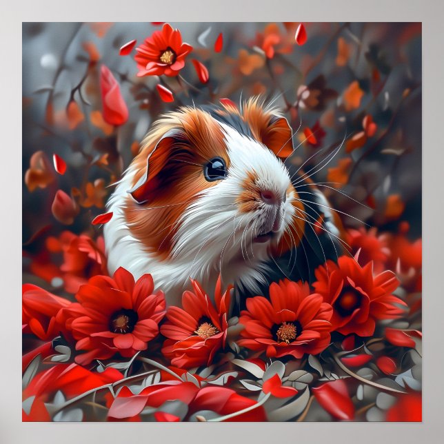 Guinea Gris bland Röda blommor Poster (Framsidan)