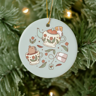 Guinea gris och capybara tea party julgransprydnad keramik