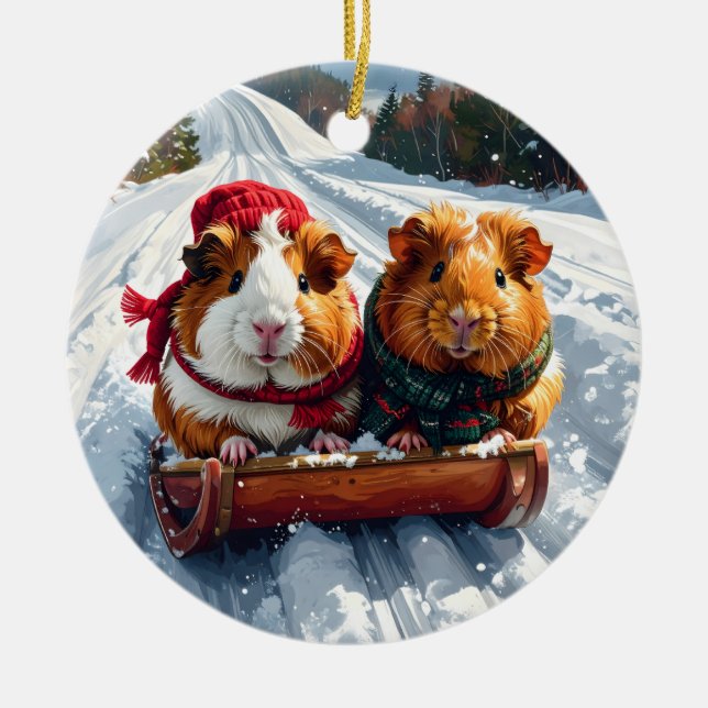 Guinea Gris Sled Ride jul Julgransprydnad Keramik (Framsidan)