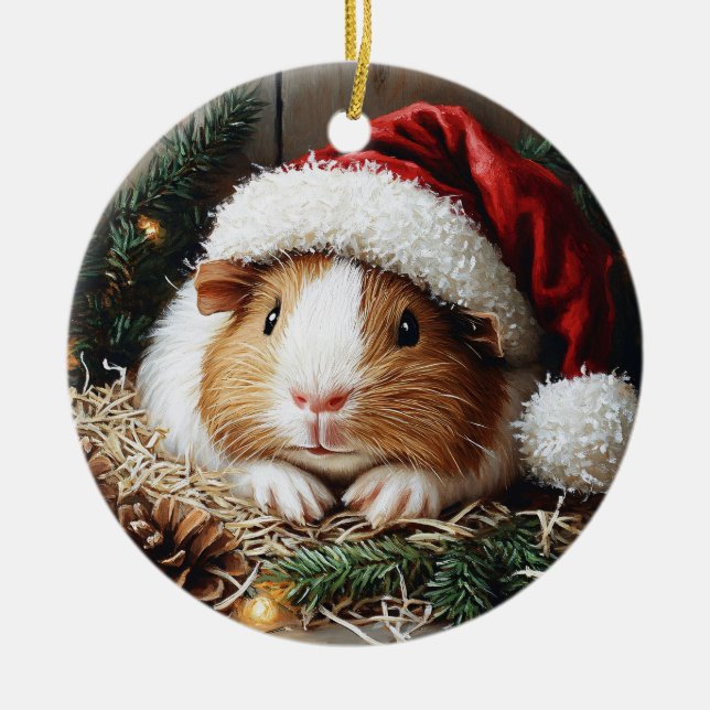 Guinea Gris Wearing a Santa Hat Julgransprydnad Keramik (Framsidan)
