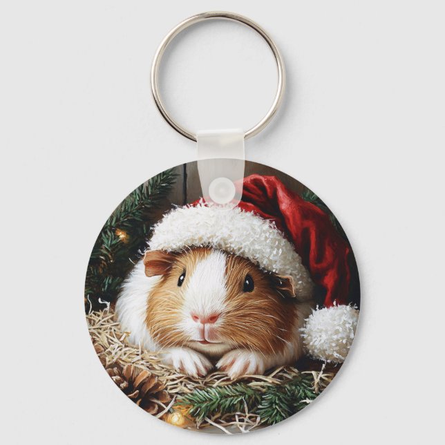 Guinea Gris Wearing a Santa Hat Nyckelring (Framsida)