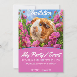 Guinea Pig Among Pink Flowers Inbjudningar
