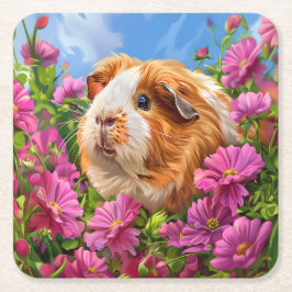 Guinea Pig Among Pink Flowers Underlägg Papper Kvadrat