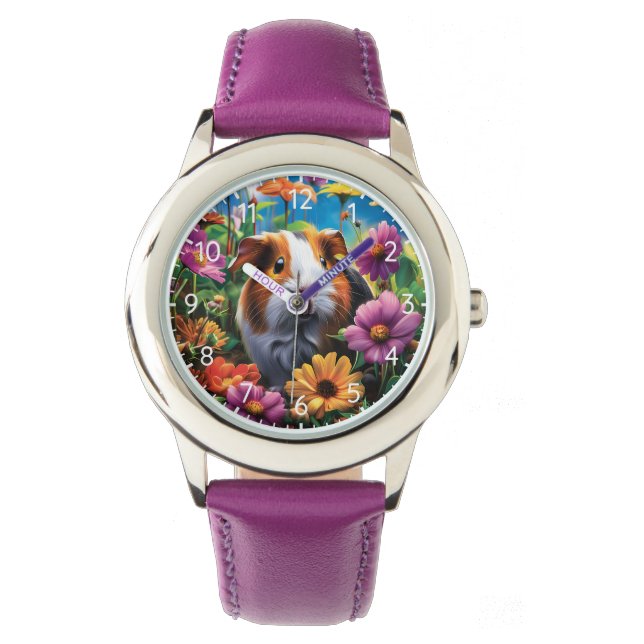Guinea Pig Among Vibrant Flowers Armbandsur (Framsida)