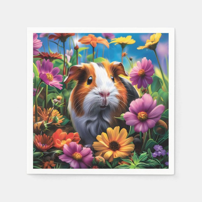 Guinea Pig Among Vibrant Flowers Pappersservett (Framsidan)