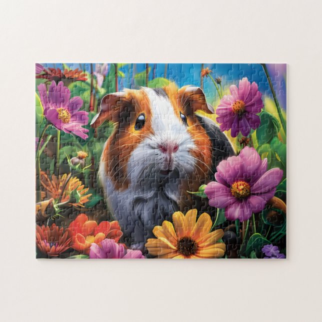 Guinea Pig Among Vibrant Flowers Pussel (Horisontell)