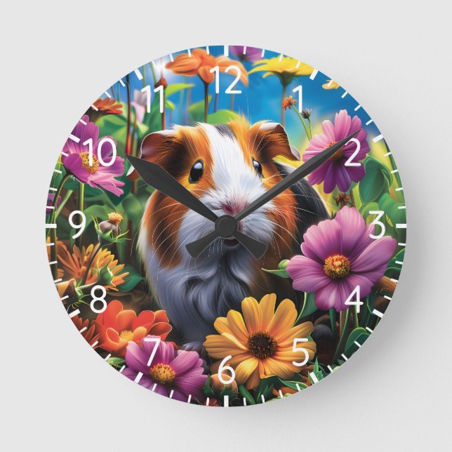 Guinea Pig Among Vibrant Flowers Rund Klocka (Framsida)
