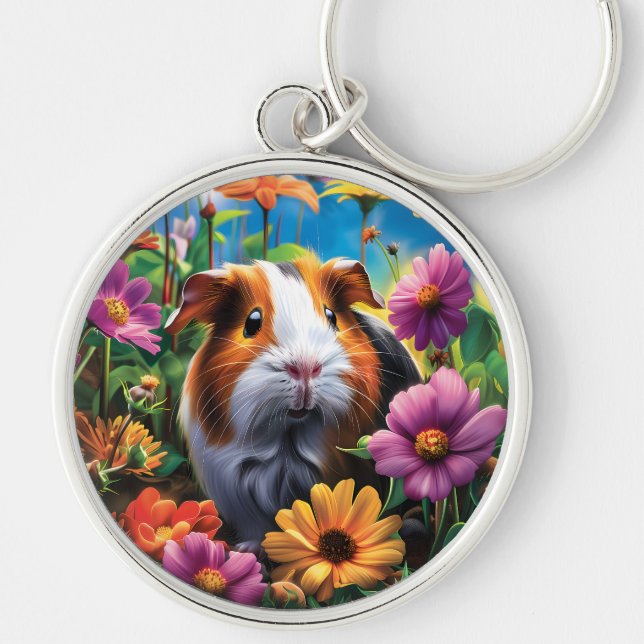 Guinea Pig Among Vibrant Flowers Rund Silverfärgad Nyckelring (Framsidan)