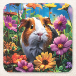 Guinea Pig Among Vibrant Flowers Underlägg Papper Kvadrat