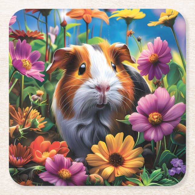 Guinea Pig Among Vibrant Flowers Underlägg Papper Kvadrat (Framsidan)