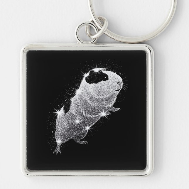 Guinea pig glittering keyring fyrkantig silverfärgad nyckelring (Framsidan)