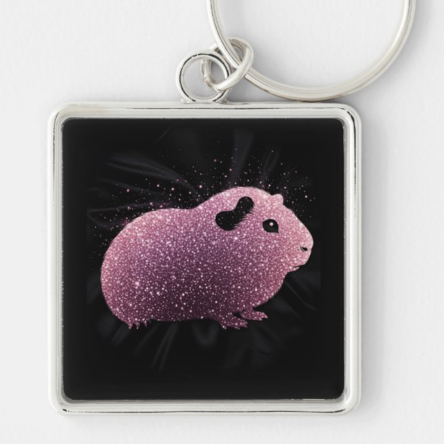 Guinea Pig Keyring Pink Sparkle Fyrkantig Silverfärgad Nyckelring (Framsidan)