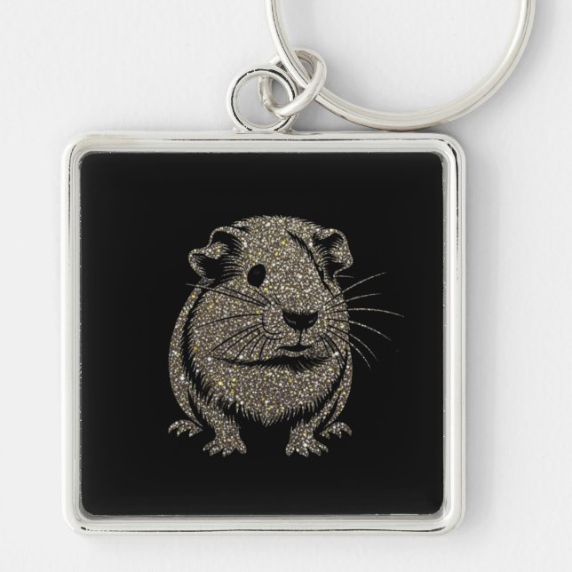 Guinea Pig sparkling Key Ring Fyrkantig Silverfärgad Nyckelring (Framsidan)