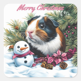 Guineas Gris och Snögubbe jul Fyrkantigt Klistermärke