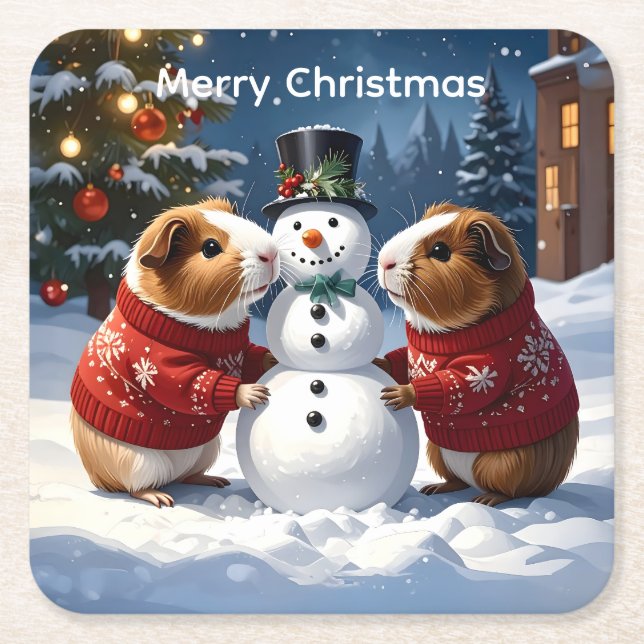 Guineas Grisar och Snögubbe jul Underlägg Papper Kvadrat (Framsidan)