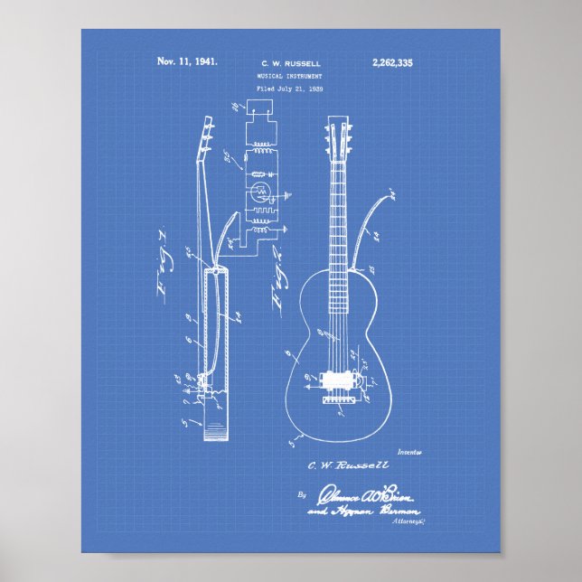 Guitar 1941 Patent Art Blueprint Poster (Framsidan)