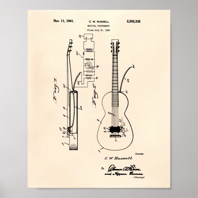 Guitar 1941 Patent Art Old Peper Poster (Framsidan)
