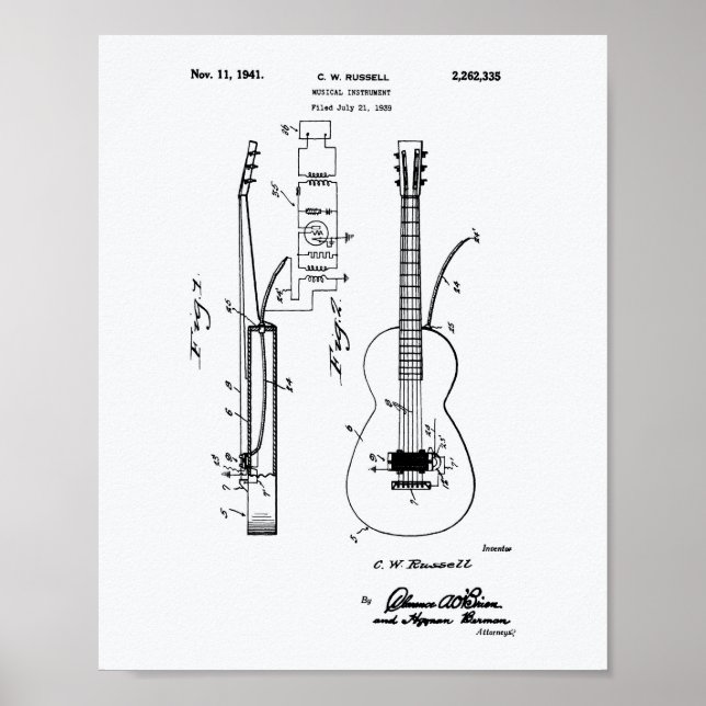 Guitar 1941 Patent Art White Papper Poster (Framsidan)