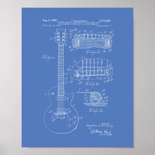 Guitar 1955 Patent Art - Blueprint Poster (Framsidan)
