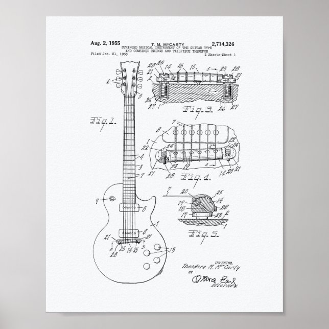 Guitar 1955 Patent Art - White Papper Poster (Framsidan)