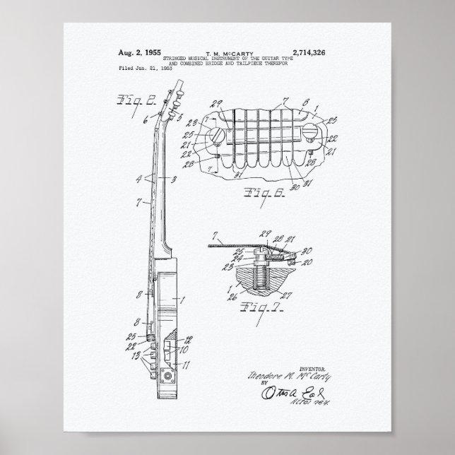 Guitar 1955 Patent Art White Papper Poster (Framsidan)