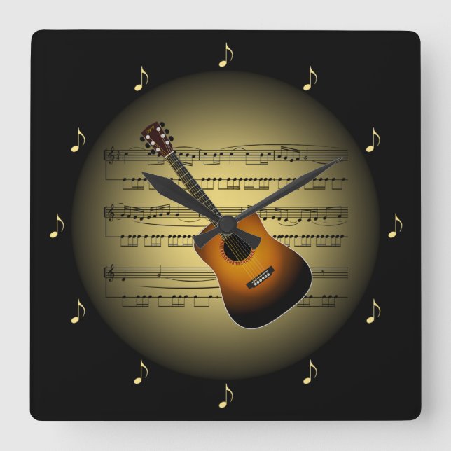 Guitar 3-D Guld Globe ~ Lakan Music ~ Black BG ~ * Fyrkantig Klocka (Framsida)