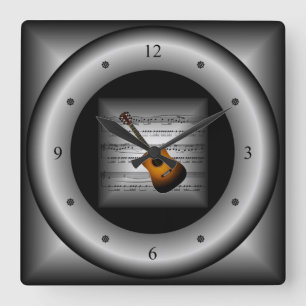 Guitar ~ 3D Lakan Music ~ Pillow Silver/Black Back Fyrkantig Klocka