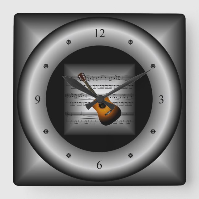 Guitar ~ 3D Lakan Music ~ Pillow Silver/Black Back Fyrkantig Klocka (Framsida)