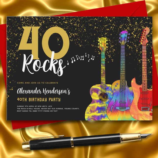 Guitar 40:e födelsedag Party Black och Guld Glitte Inbjudningar (Rock and roll guitar 40th birthday party black and gold invitation 40 rocks funky music)