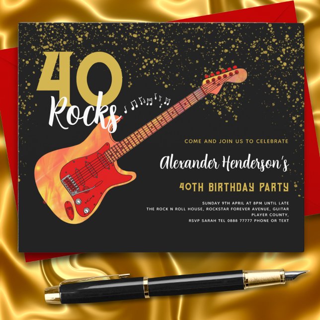 Guitar 40:e födelsedag Party Guld Glitter (Electric Guitar 40th birthday party black and gold glitter 40 rocks budget invitation)