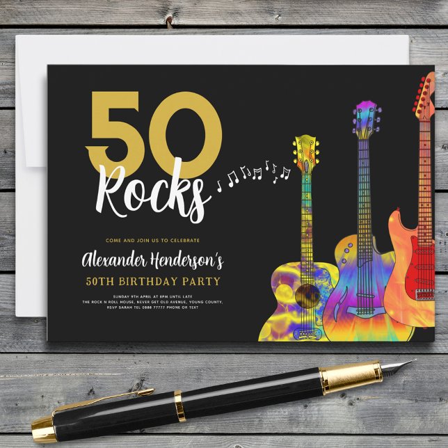 Guitar 50 sten 50:e födelsedagsfesten inbjudningar (50 rocks cool guitar 50th birthday party invitation gold and black)