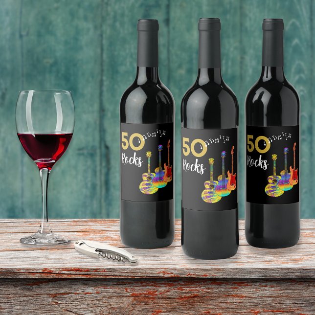 Guitar 50 Sten 50:e födelsedagsfesten Vinflaska Etikett (Rock and roll 50th birthday party wine labels funky guitars gold and black for him)