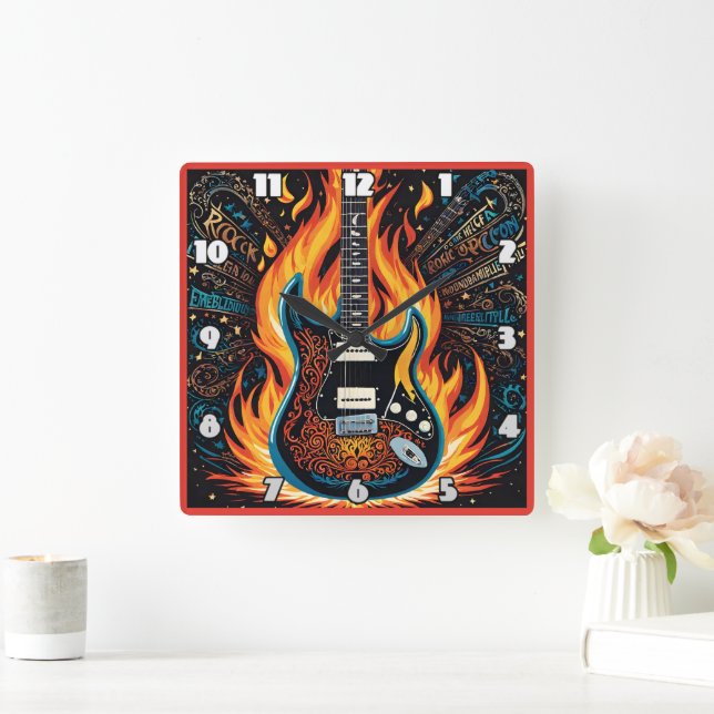 Guitar ablaze i ett elände i färg fyrkantig klocka (Hem)