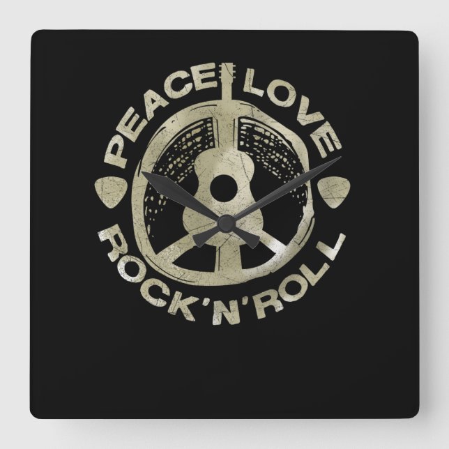 Guitar Älskare | Peace Kärlek Sten'N'Roll Fyrkantig Klocka (Framsida)