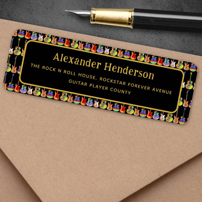 Guitar Black and Guld Anpassningsbar Returadress Returadress Etikett (Guitar music business custom black and gold return address labels)