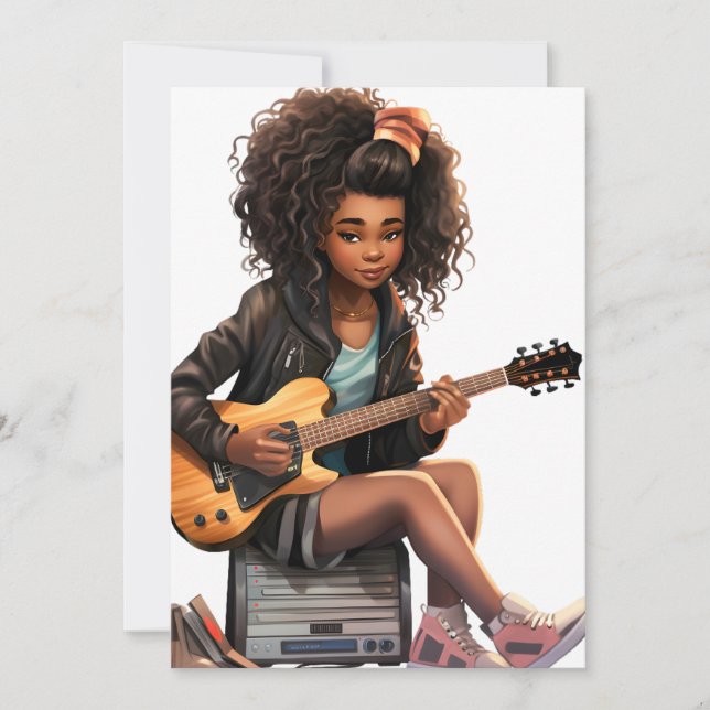 Guitar Black Girl Magmelanin brunhudsflickor Inbjudningar (Framsida)