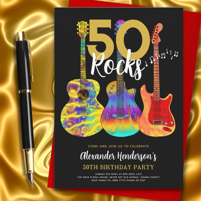 Guitar Black och Guld 50:e födelsedagsfesten Inbjudningar (50 rocks colorful guitar black and gold 50th Birthday party invitation music theme)
