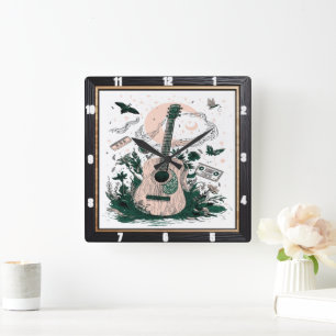 Guitar Butterflies Vintage Cassettes Fyrkantig Klocka