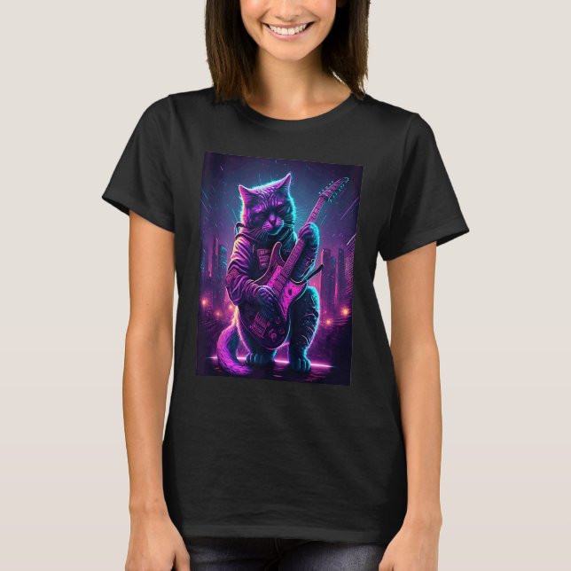 Guitar Cat Kitten spelar en elektrisk Guitar Synth T Shirt (Framsida)