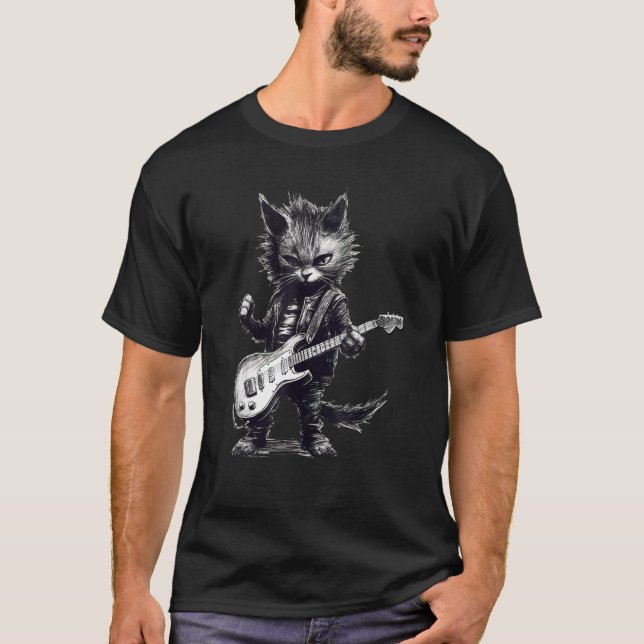 Guitar Cat Sten Cat som spelar Guitar Sten kattung T Shirt (Framsida)