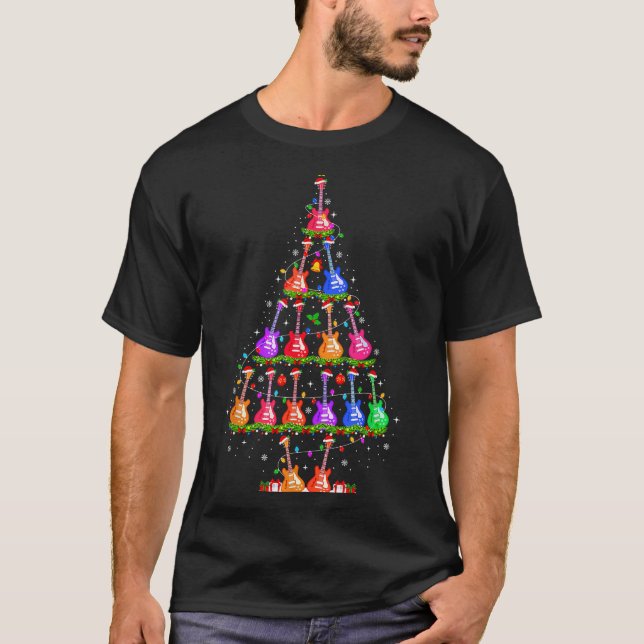 Guitar Christmas Tree Lights Funny Xmas Pajamas Gu T Shirt (Framsida)
