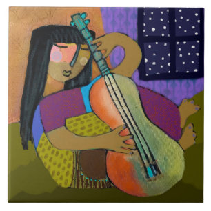 Guitar Girl Ceramic Tile (6-tums fyrkant) Kakelplatta