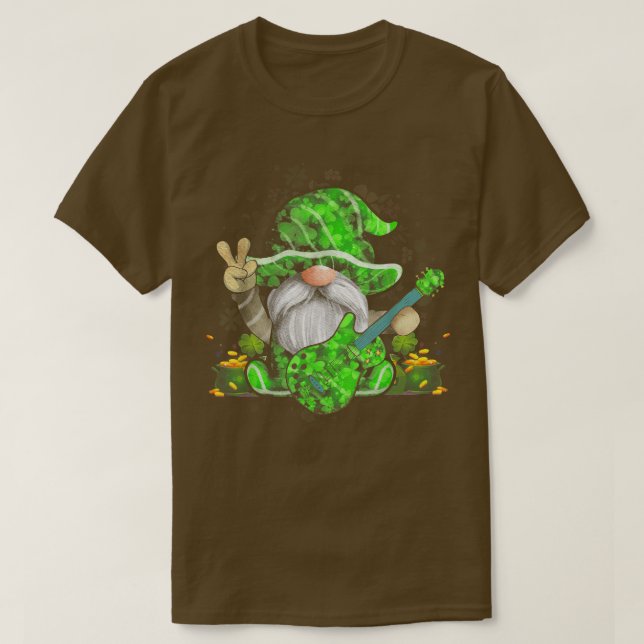 Guitar Gnomes Grönt Shamrock Patricks Day T Shirt (Design framsida)