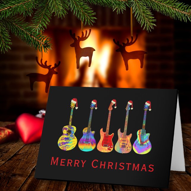 Guitar God jul Funny Psychedelic Music Helgkort (Christmas guitars wearing Santa hats merry Christmas holiday greetings folded card guitarist music)